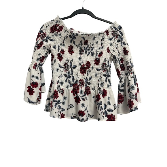 Candie's Tops - Candies Floral Butterfly Smocked Off The Shoulder Bell Sleeve Peplum Top White M